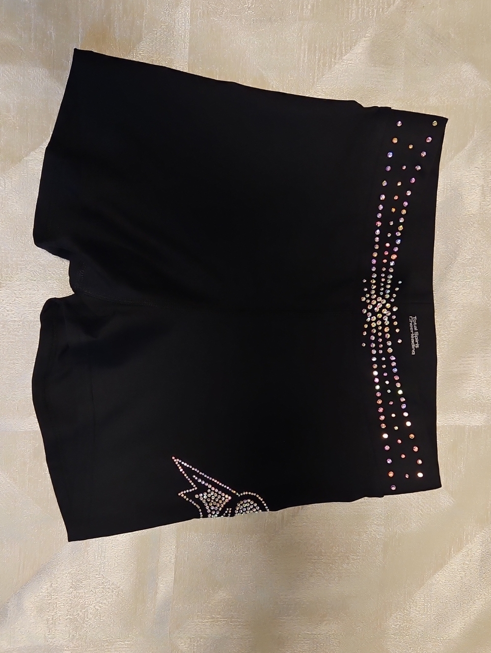 Black Athletic Cheer Shorts with Iridescent Rhinestone Detail
